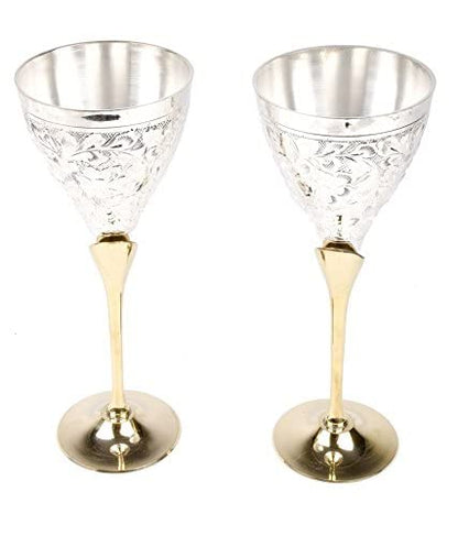 iKonbi German Silver Wine Glass Wine Goblet Set of 2 Pieces with Red Velvet Box Packing for Diwali Gift, Wedding Gift,Birthday Gift
