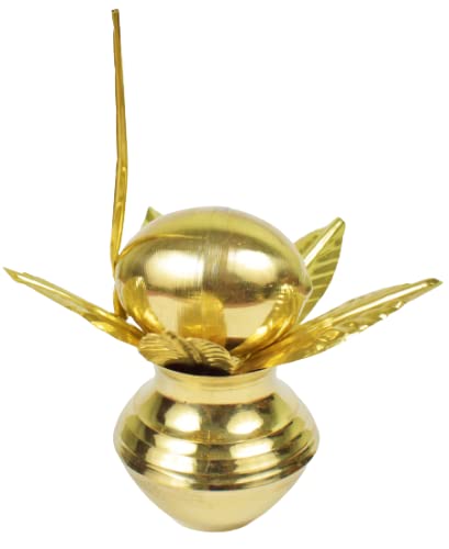 iKonbi Brass Mangal Kalash, Nariyal & Mango Leaf/Aam Patta Set for Pooja Approx. (Height 4.5 Inches)