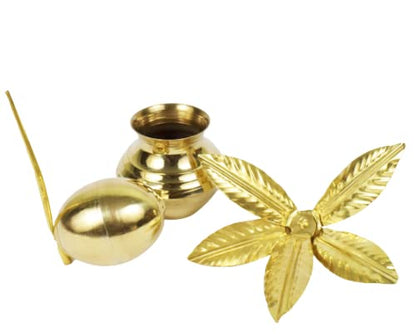 iKonbi Brass Mangal Kalash, Nariyal & Mango Leaf/Aam Patta Set for Pooja Approx. (Height 4.5 Inches)