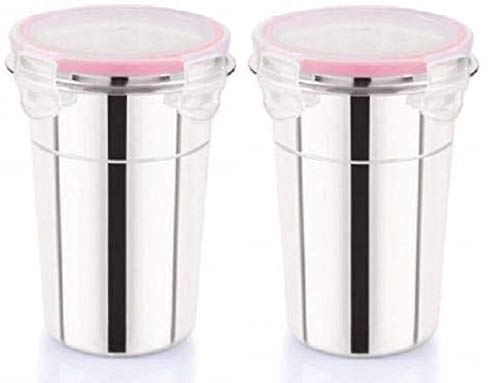 iKonbi Stainless Steel Airtight, Leak Proof, Frezzer Safe and Dust Proof Glass Tumblers with Lid Set of 2. Capacity- 400 ML