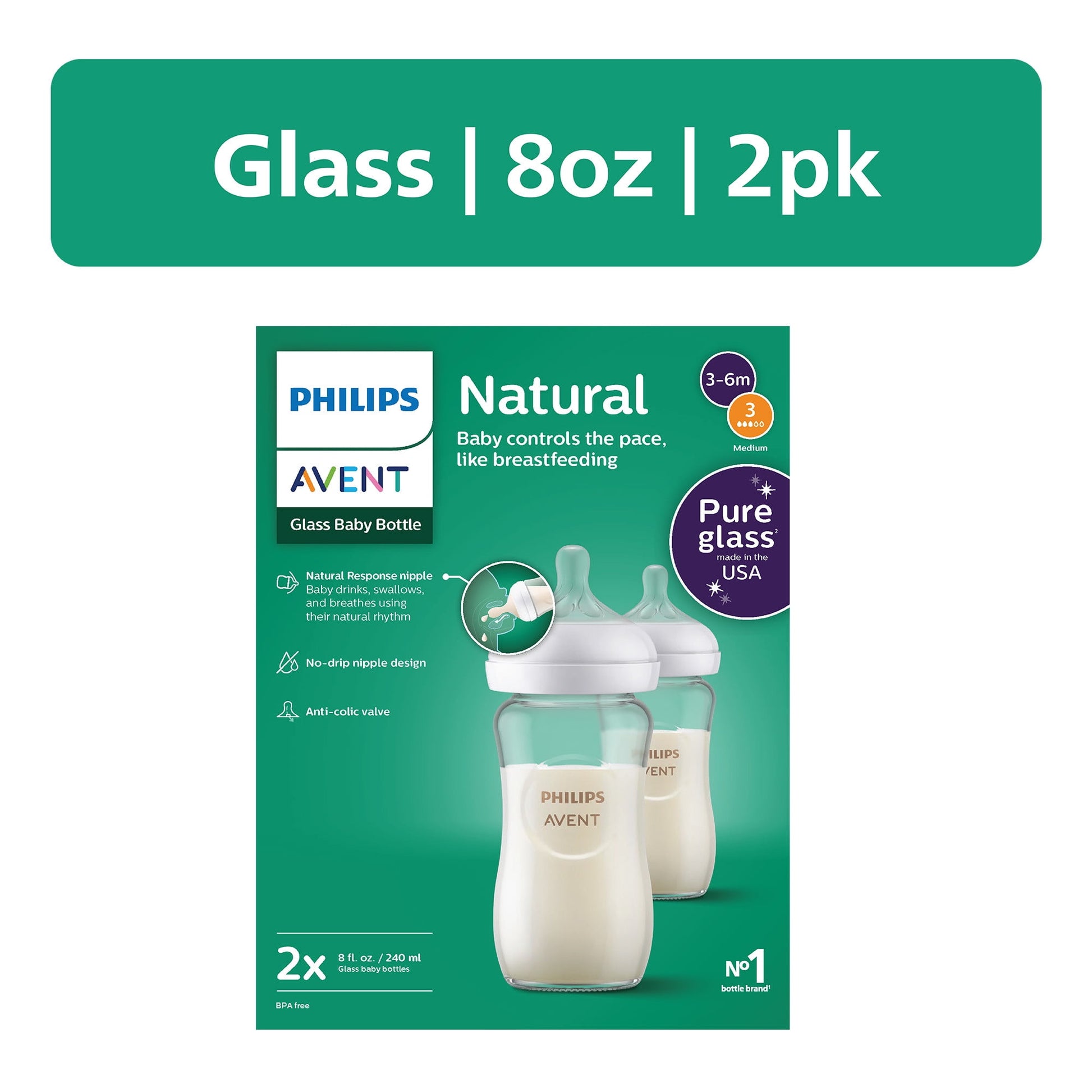 Philips Avent Natural Glass Baby Bottles with Natural Response Nipples (Medium Flow, Flow