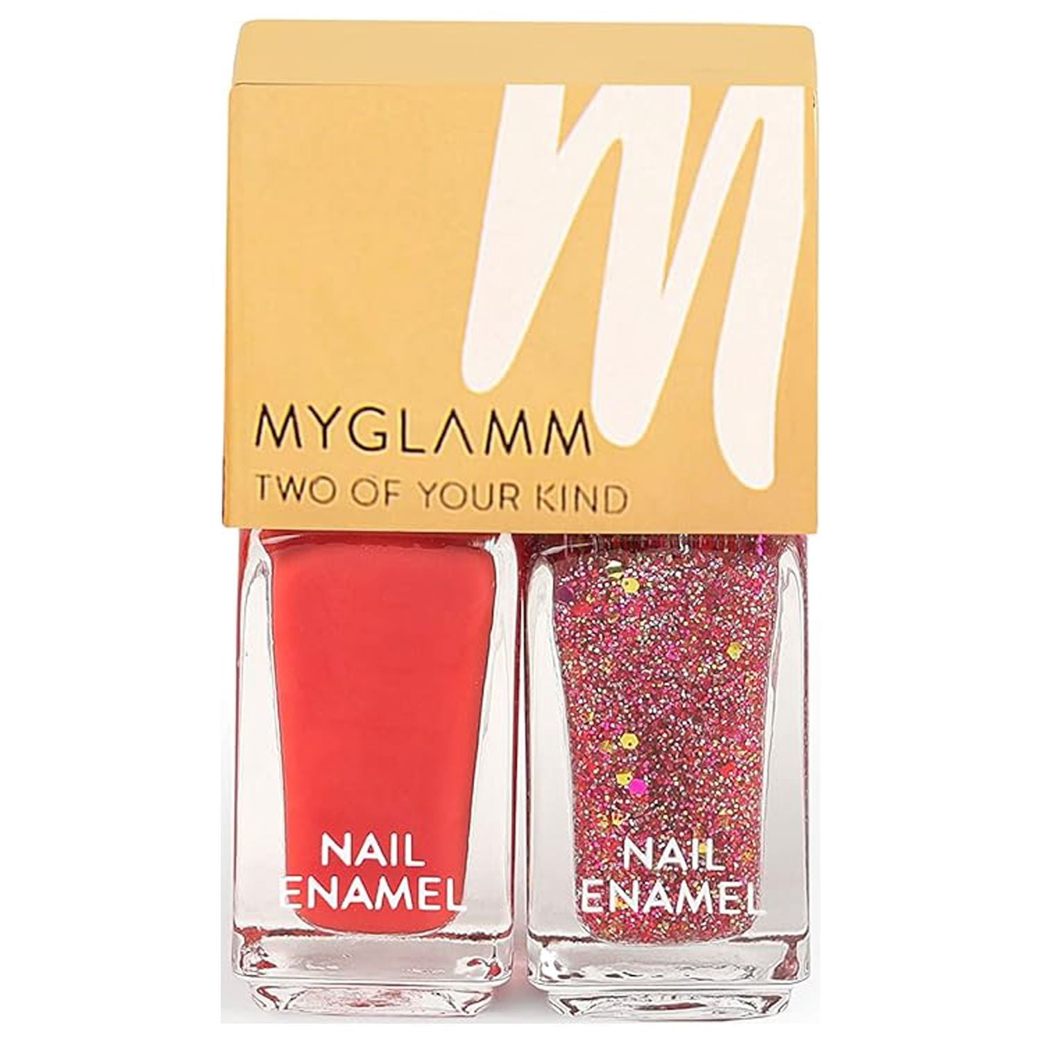 MyGlamm Two Of Your Kind Nail Enamel Duo Glitter Collection-Steal The Show (Tomato Red + M