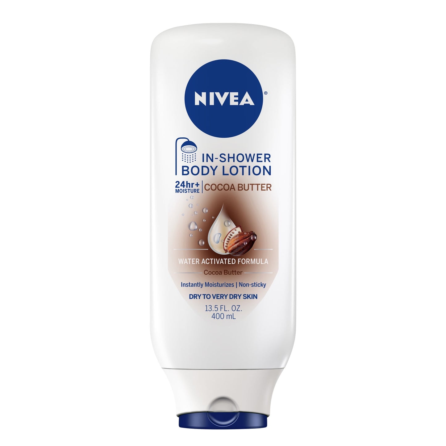 NIVEA Cocoa Butter In Shower Lotion for Dry Skin, 24-Hour Body Moisturizer, 13.5 fl oz
