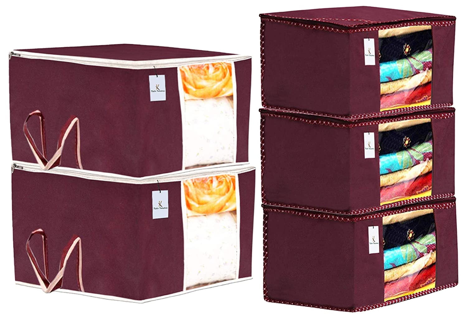Kuber Industries Non Woven 3 Pieces Saree Cover and 2 Pieces Underbed Storage Bag