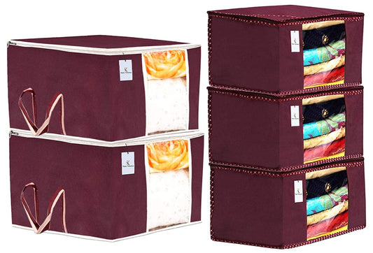 Kuber Industries Non Woven 3 Pieces Saree Cover and 2 Pieces Underbed Storage Bag
