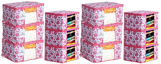Kuber Industries Flower Printed Non Woven 6 Pieces Saree Cover and 6 Pieces Underbed Stora