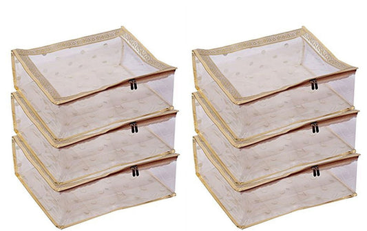 Kuber Industries™ Heavy Transparent Net Golden Saree Cover In Polka Dots With Zari Border