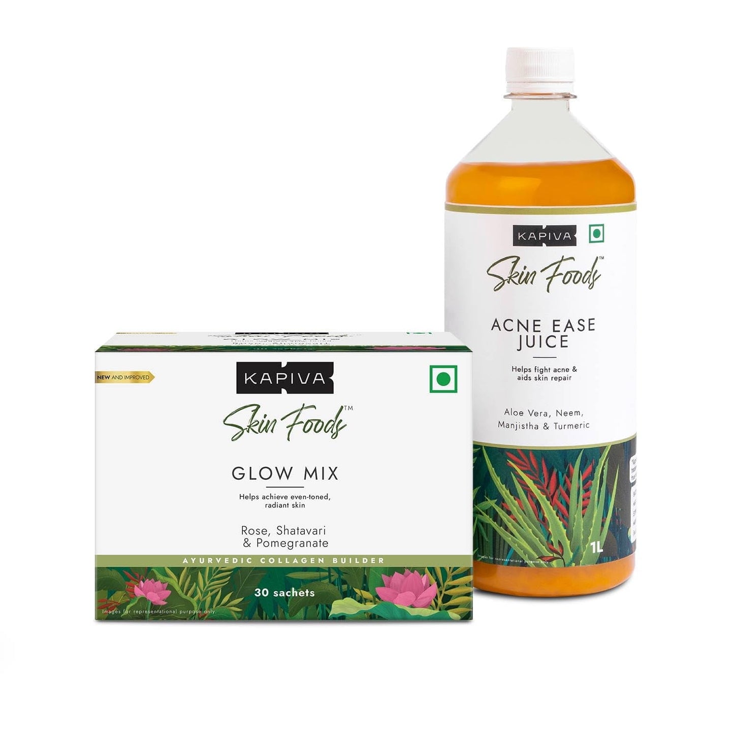 Kapiva Skin Foods Glow Mix 108 Gms & Acne Ease Juice 1L | For Acne, Acne Scars, Pigmentati