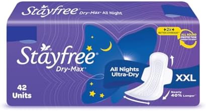 Stayfree Dry Max All Night XL Dry Cover Sanitary Pads For Women With Wings, 42 pieces