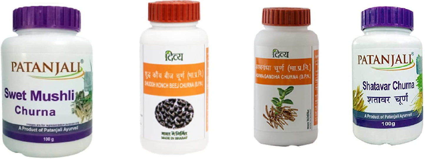 Patanjali Shatavar, Swet Mushli, Ashwagandha & Konch beej Churna Shuddh Combo