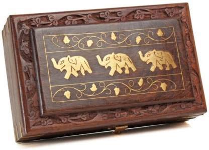 iKonbi Multipurpose Handcrafted with Floral Carvings Antique Finished Wooden Jewellery Box Organiser 8 x 5 Brown
