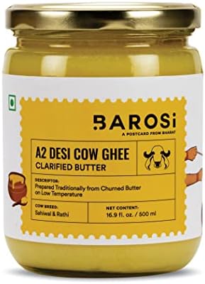 Barosi A2 Cow Ghee 17 Ounce, Clarified Butter, Produced from Grass Fed A2 Cow Milk, Hand c
