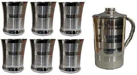 iKonbi Stainless Steel Peach Drinking Glasses with Water Jug and Lid – 2 ltr, Set of 6 +
