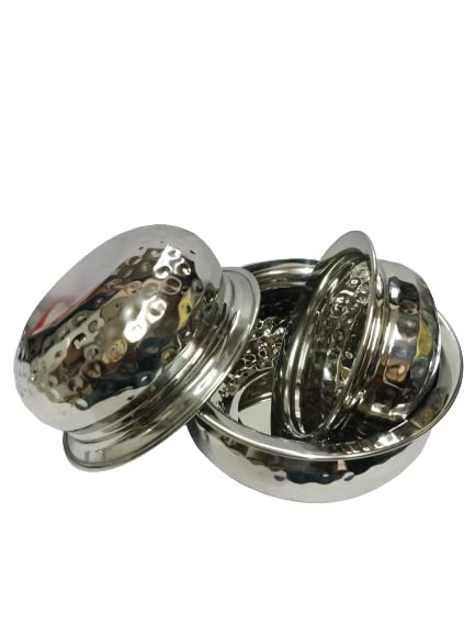 iKonbi Stainless Steel 3 Pcs Hammered Serving Handi/ Serving Bowls- Set of