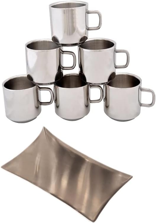 iKonbi Stainless Steel Tea Cups and Tray Set Set of