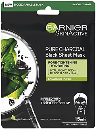 Garnier Pure Charcoal and Algae Sheet Mask, Purifying and Hydrating FaceMask With Hyaluron