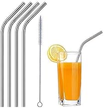 iKonbi Set of 4 Reusable Stainless Steel Drinking Straws 10 inches 4 Bend & 1 Cleaning