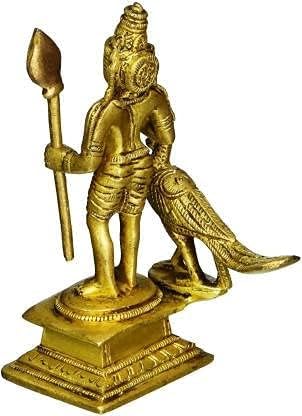 iKonbi Murugan Swami Miniature Statue Brass with Peacock, 2.25 × 3 × 4.3 inches