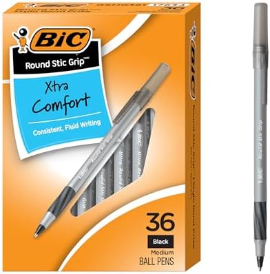 BIC Round Stic Grip Xtra Comfort Black Ballpoint Pens, Medium Point (1.2mm), 36-Count Pack
