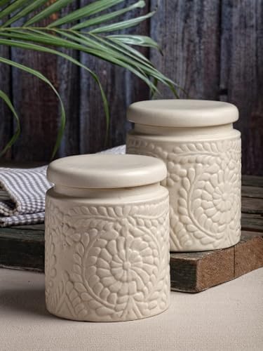 The Decor Lane Ceramic handmade Pickle Jars | Handpainted Floral embossed Achaar Martban |