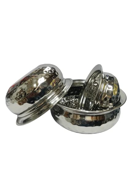 iKonbi Stainless Steel 3 Pcs Hammered Serving Handi/ Serving Bowls- Set of 3
