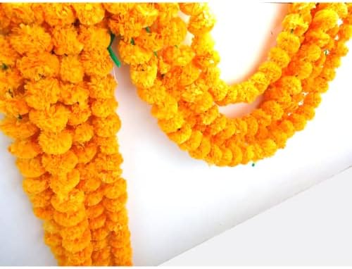 Pack Of 5 Artificial Marigold Flower Garlands String Dark Orange 5 Feet Long (30 Flowers i