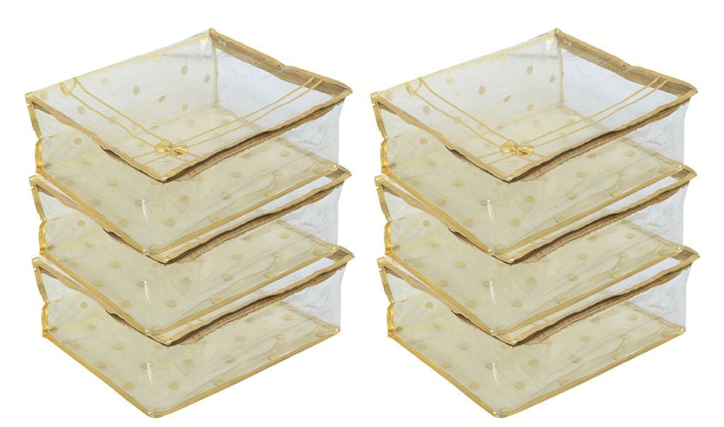 Kuber Industries™ Heavy Transparent Net Golden Saree Cover In Polka Dots Set of 6 Pcs (Wed