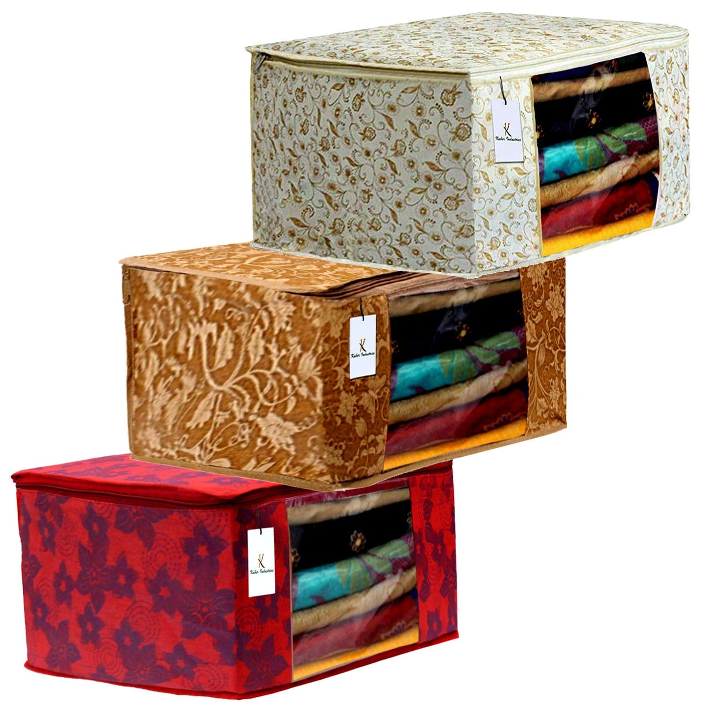 Kuber Industries Metalic Printed 3 Piece Non Woven Fabric Saree Cover