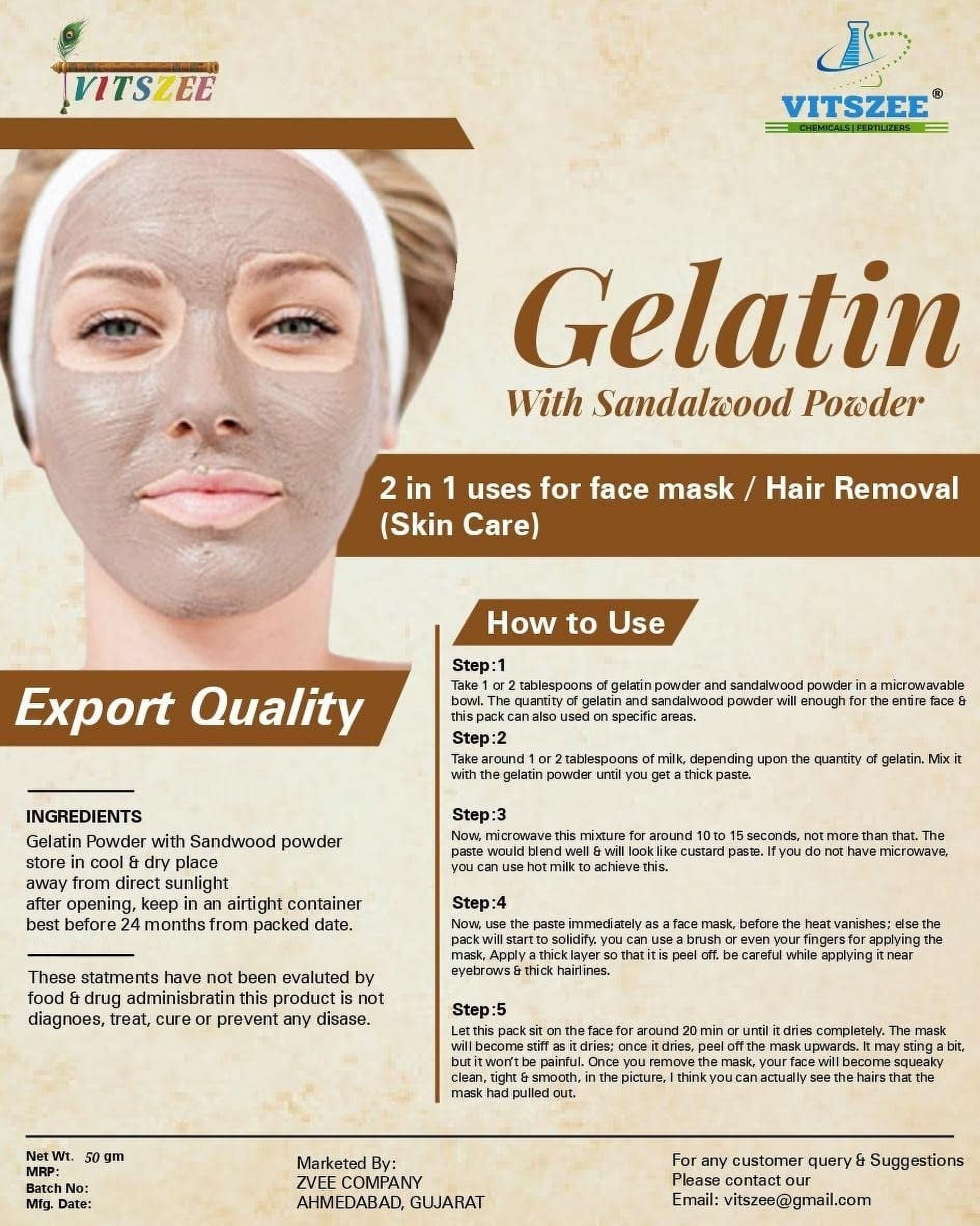 Gelatin with Sandalwood (chandan) Powder (2 in 1 Uses) for DIY FaceMask/Peel Off Mask/Hair
