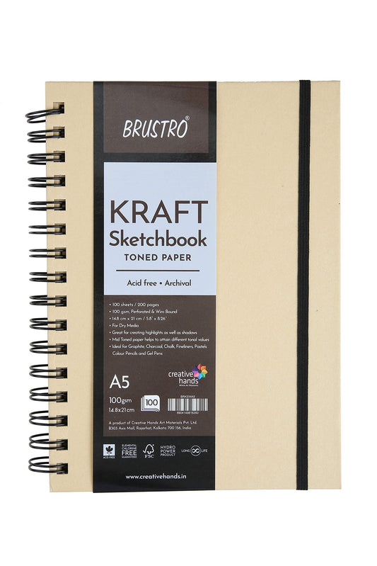 Brustro Toned Paper - Kraft Sketchbook, Wiro Bound, Size A5, 100Gsm (100 Sheets) 200 Pages