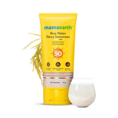 Mamaearth Rice Water Dewy Sunscreen with Rice Water & Niacinamide 80 g || All Skin Types Pack of 1