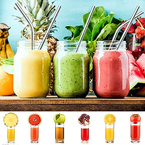 iKonbi Set of 4 Reusable Stainless Steel Drinking Straws 10 inches 4 Bend & 1 Cleaning Brushes, Thick, Long, Dishwasher Safe – for Smoothies, Tumblers, Travel & More