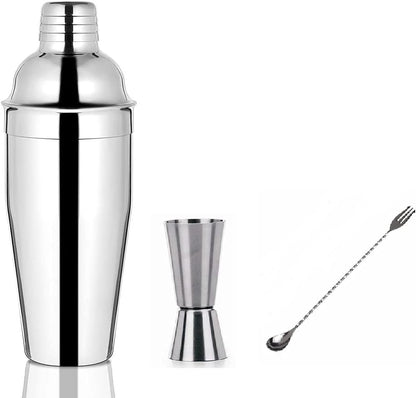 iKonbi Stainless Steel 3 Pcs Delux Bar Set- Fork Bar Spoon, Cocktail Shaker 750 ml, Tall Peg Measure- 30/60 ml