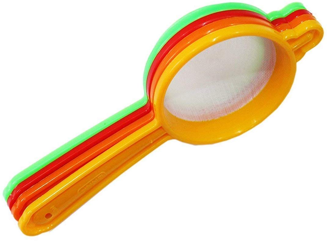 iKonbi Set of 1 Plastic Juice Strainer and 4 Plastic Tea strainers Total 5 Pieces can be Used for Ras, Juices Tea Coffee Also Known as Chalni Jari Jhar