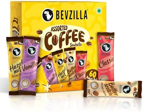 Bevzilla 60 Instant Coffee Powder Sachets(4 Flavours) - 120 Grams | Hazelnut, Classic, Van