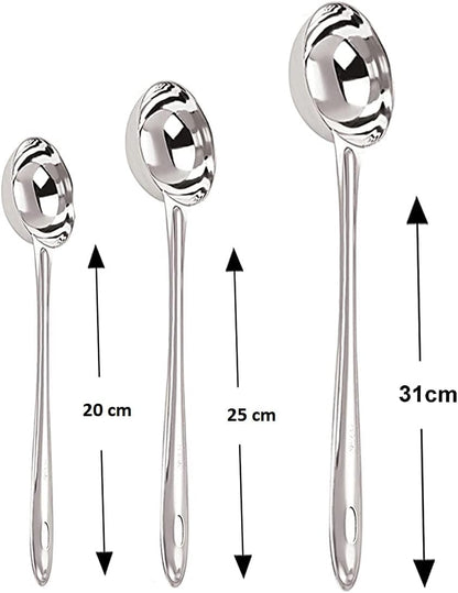 iKonbi Stainless Steel Round Shape Chutney Serving Laddles- Set of 3 Size- 31, 25 and 20 cm of Each
