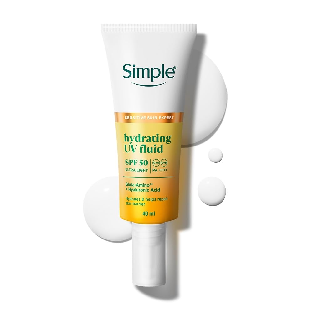 Simple Hydrating UV Fluid SPF 50 High UVA/UVB Sun Protection Face Moisturiser with Gluta-A