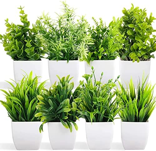Dekorly Artificial Potted Plants, 8 Pack Artificial Plastic Eucalyptus Plants Small Indoor