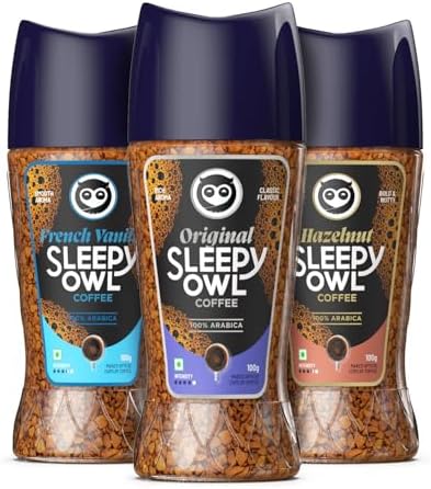 Sleepy Owl Premium Instant Coffee - Combo Pack | 3 Delicious Flavours - Original/Hazelnut/