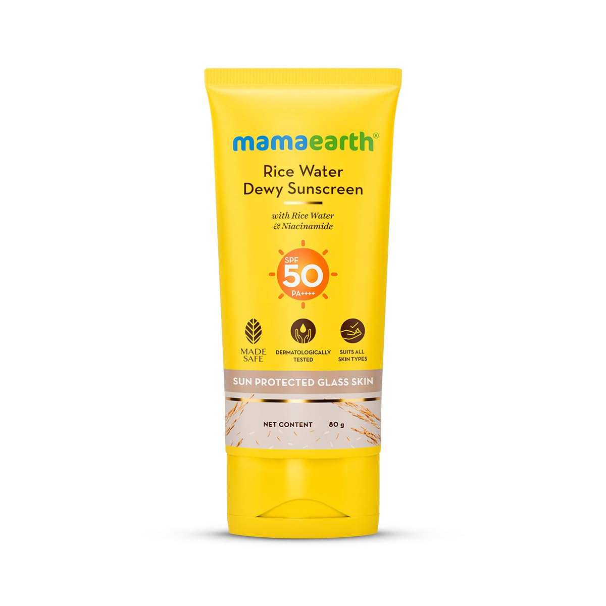 Mamaearth Rice Water Dewy Sunscreen with Rice Water & Niacinamide 80 g || All Skin Types Pack of 1