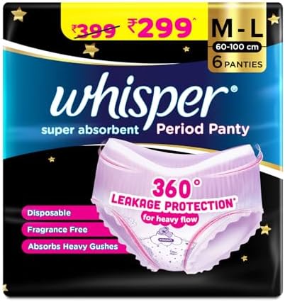 Whisper Super Absorbent Period Panty, 6 M-L Pants, 360 Degree Leakage Protection for Heavy