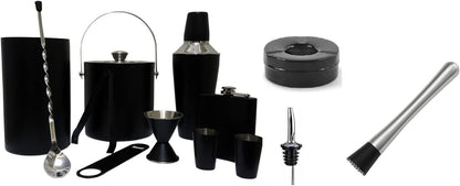 iKonbi Stainless Steel 13Pcs Bar Set-Cocktail Shaker, Ice bucket, Peg Measure 30/60ml, Bottle Opener, Muddler, Pourer, Ice Tong, Wine Cooler, Hip Flask 7oz, 2 Shot Glasses, Bar Spoon, Ashtray