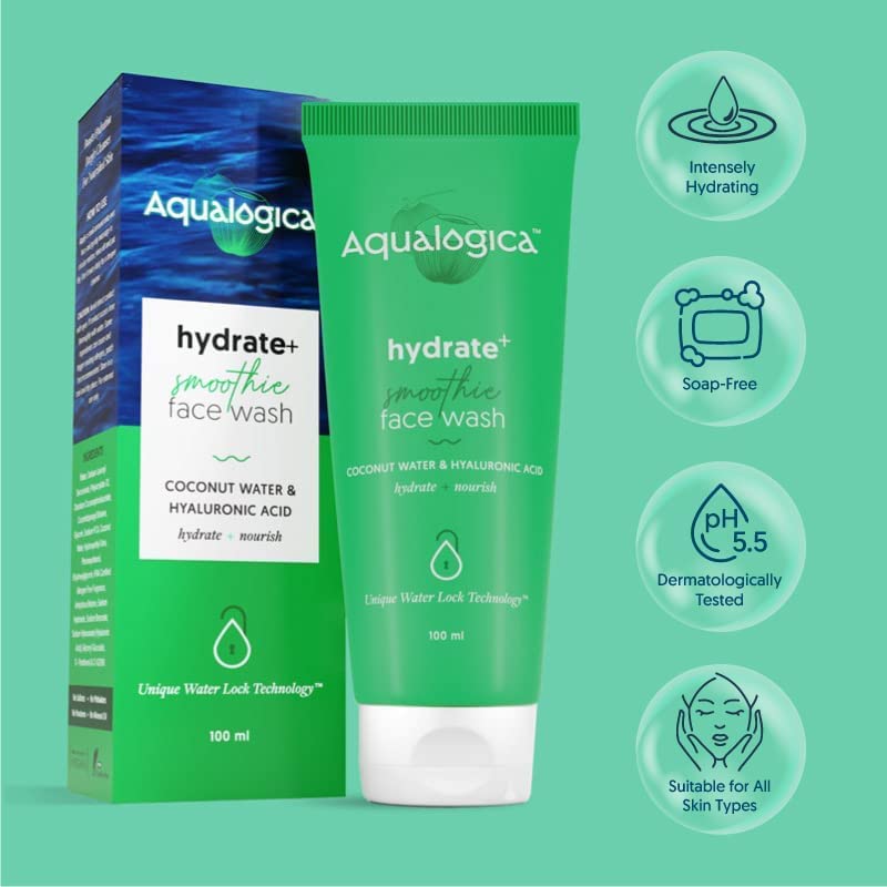 Aqualogica Hydrate+ FaceWash for Deep Cleansing Hydration with Coconut Water Hyaluronic Acid, 100ml