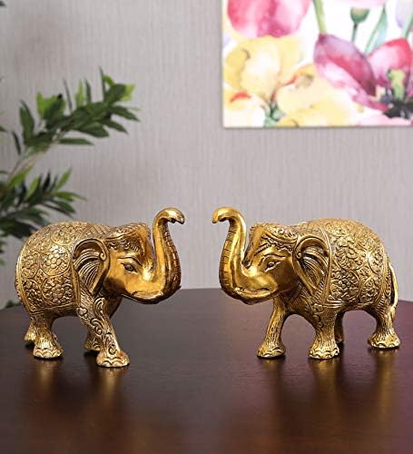 KridayKraft Metal Elephant Statue Medium Size Gold Polish 2 pcs Set for Showpiece Your Hom