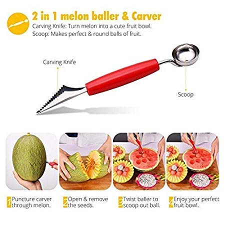 iKonbi Dual Purpose Melon Baller Fruit Carving Knife, Fruit Slicer, Watermelon Scoop, Melon Digger, Fruit Baller, Ice Cream Spoon Set of 2