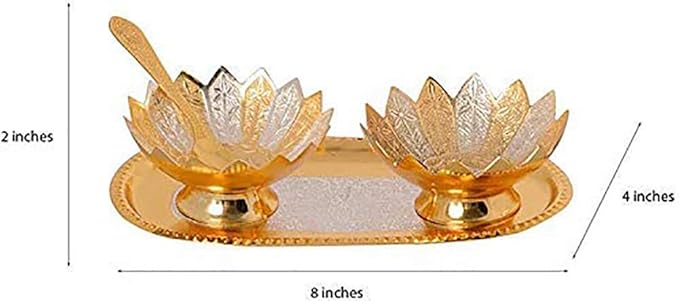 iKonbi Fancy Metal Gold and Silver Plated Floral Flower Shape 5 Pieces Set 2 Bowls 2 Spoons 1 Tray in Red Velvet Box Ideal for dryfruits Party Prop Also Known as pandan