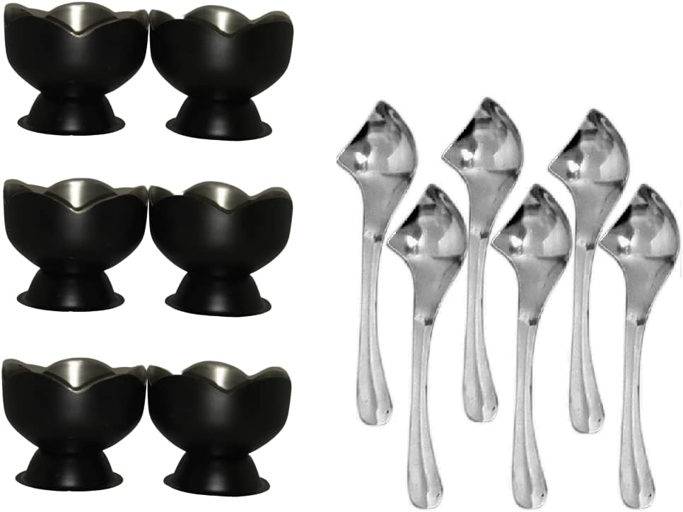 iKonbi Black Stainless Steel Lotus Ice Cream Cups/Soup Bowls with Dessert Spoons Set of 6