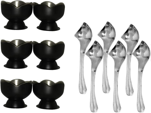 iKonbi Black Stainless Steel Lotus Ice Cream Cups/Soup Bowls with Dessert Spoons Set of 6