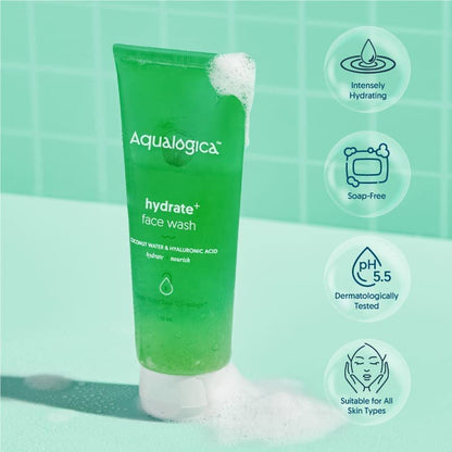 Aqualogica Hydrate+ FaceWash for Deep Cleansing Hydration with Coconut Water Hyaluronic Acid, 100ml