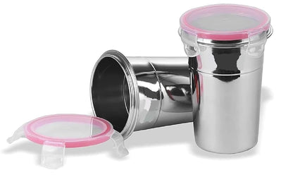 iKonbi Stainless Steel Airtight, Leak Proof, Frezzer Safe and Dust Proof Glass Tumblers with Lid Set of 2. Capacity- 400 ML